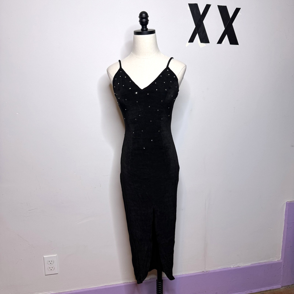 Vintage 90s Black Slinky V Neck Slip Dress Minimal Bodycon Midi Rhinestone S